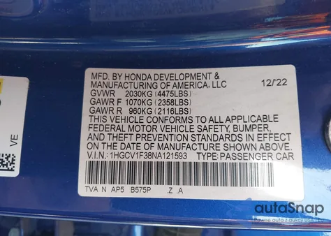 2022 Honda Accord Sport из США, поврежденный, VIN 1HGCV1F38NA121593